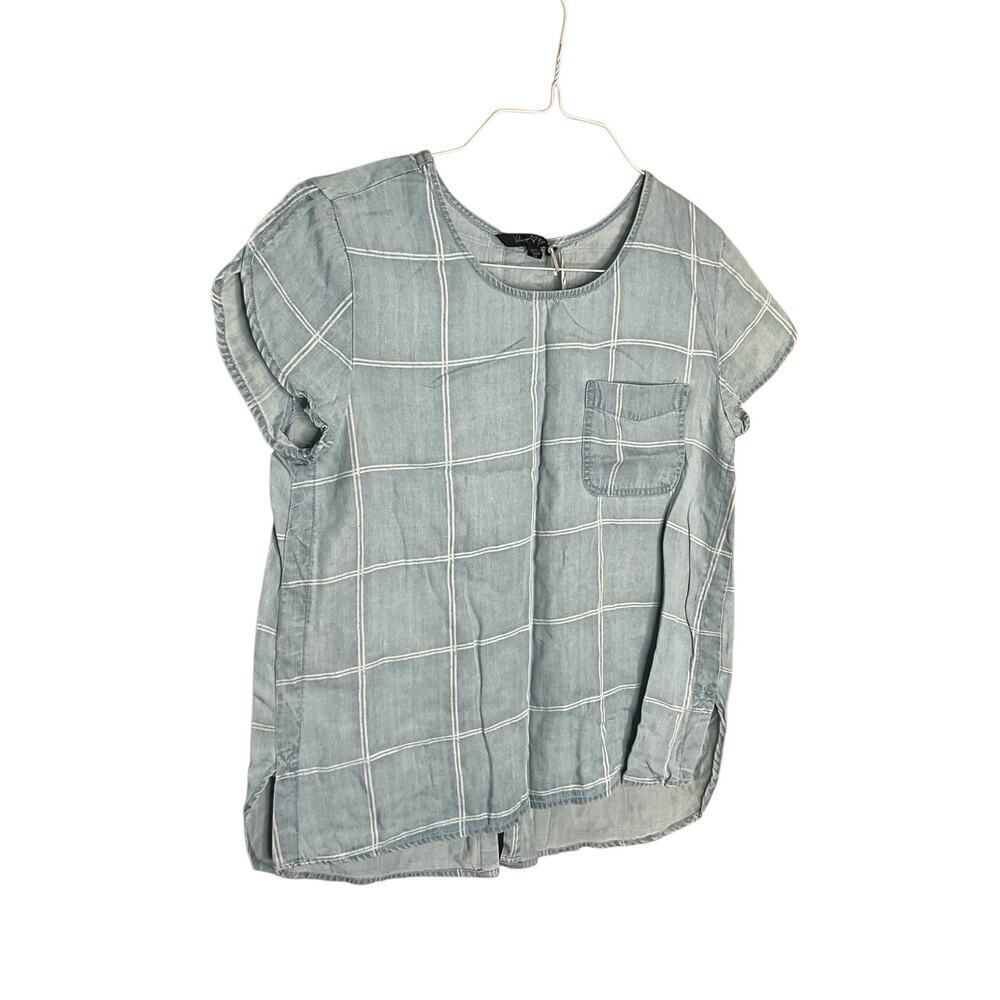 Velvet Rose Tencel Chambray Top Short Sleeves Plaided Blue White‎ Size M NWT